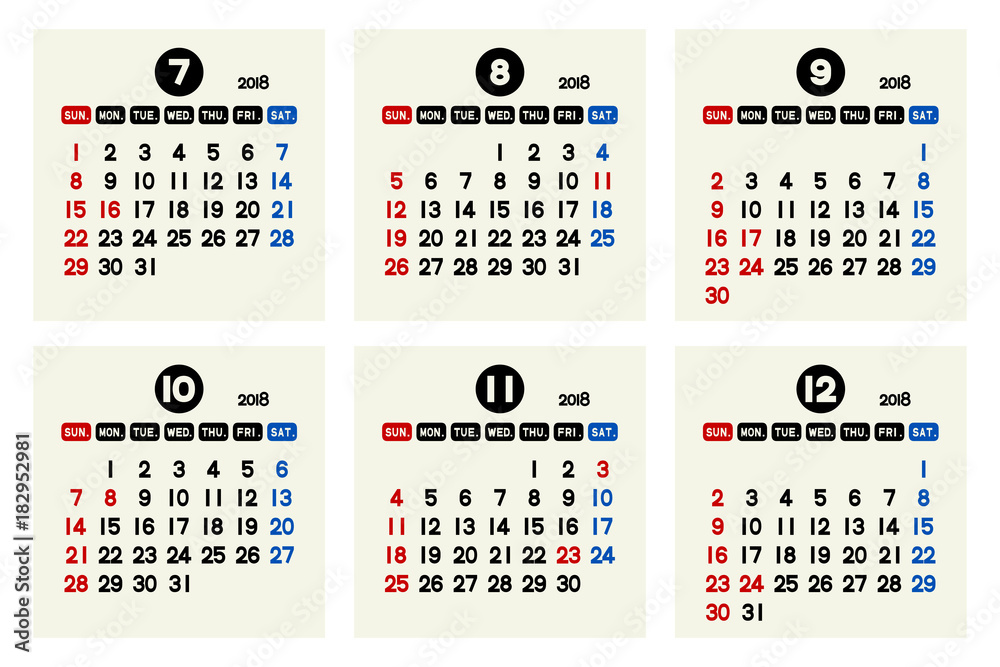 18年 カレンダー ７月 １２月 シンプル Stock イラスト Adobe Stock
