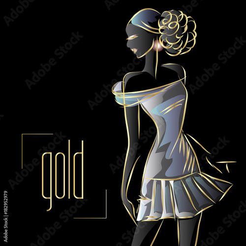 Gold neon fashion woman silhouette, beautiful fashion model on black background logo vector illustration