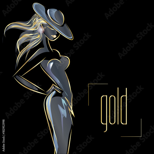 Gold neon fashion woman silhouette, beautiful fashion model on black background logo vector illustration