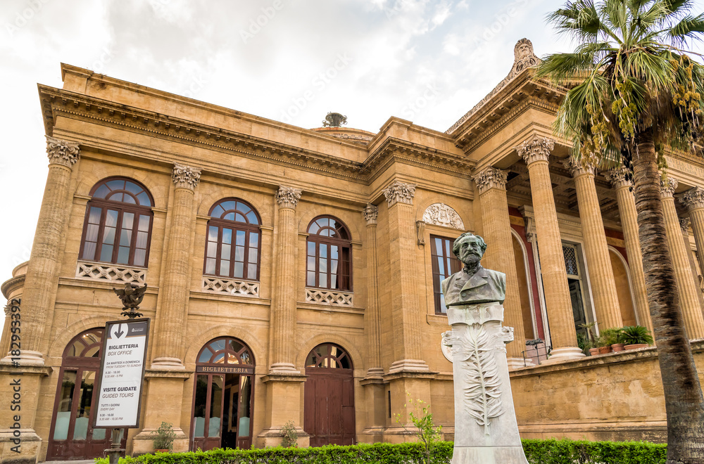 A bust of Giuseppe Verdi in the garden of Theater Massimo Vittorio Emanuele, located on the Verdi square in Palermo, Sicily, Italy
