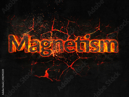 Magnetism Fire text flame burning hot lava explosion background.
