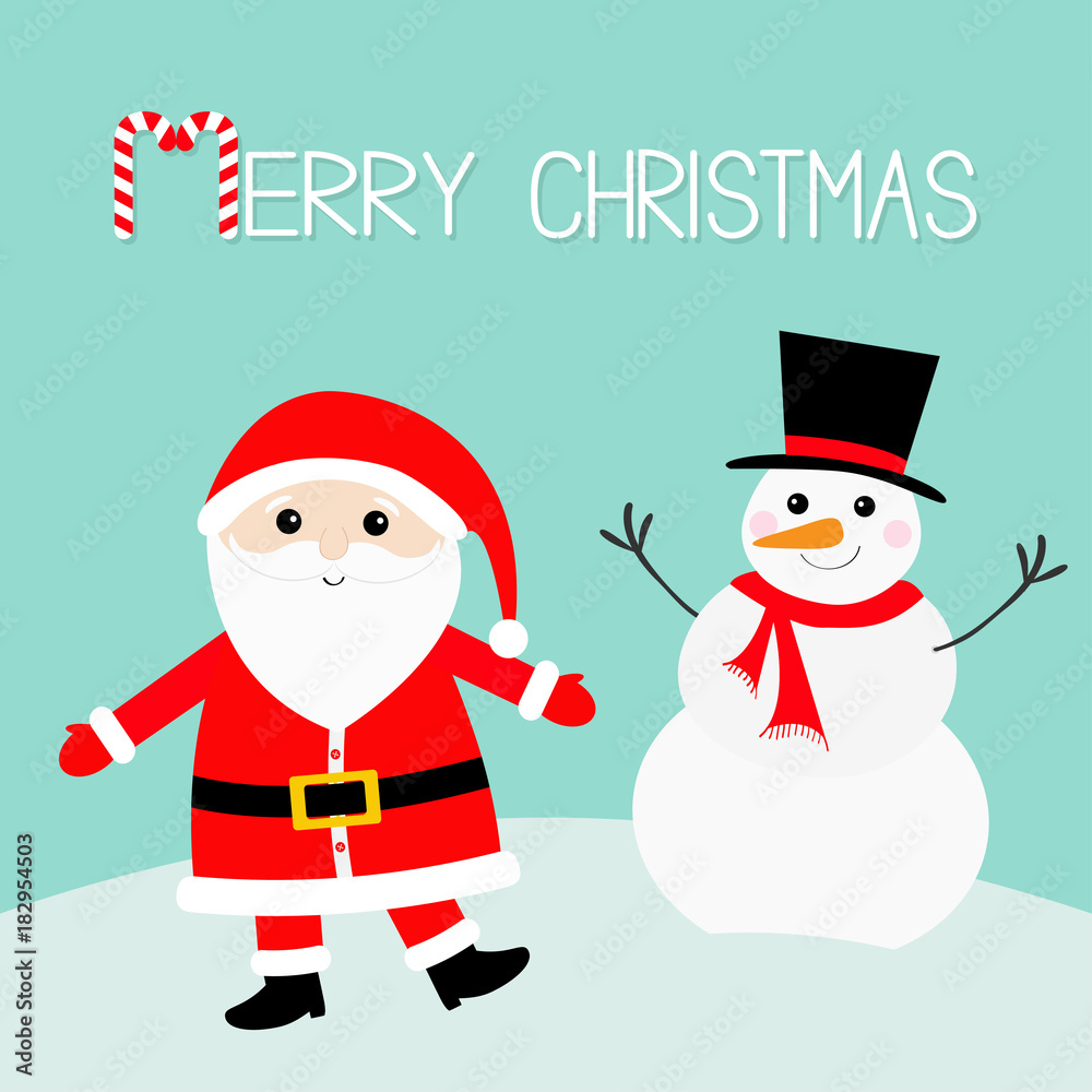 Snowman Santa Claus wearing red hat, costume, big beard, belt buckle. Merry Christmas. Candy cane. Cute cartoon kawaii funny character with open hand. Blue snow background. Greeting card. Snowman Santa Claus wearing red hat, costume, big beard, belt buckle. Merry Christmas. Candy cane. Cute cartoon kawaii funny character with open hand. Blue snow background. Greeting card.