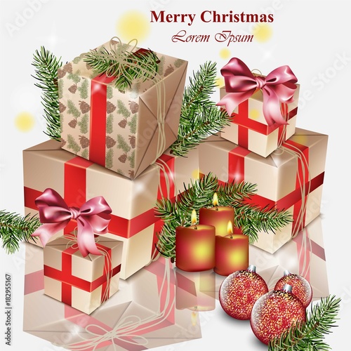 Christmas gifts realistic Vector. Merry Christmas card decor