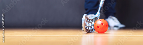 Photography Floorball banner, background and template with ball, stick and player