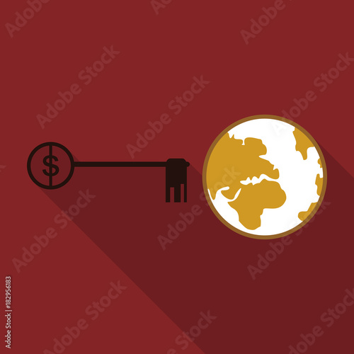 world and key on background in flat style with long shadow