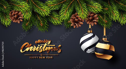 Christmas background with fir branches and red balls with decorations. Vector illustration