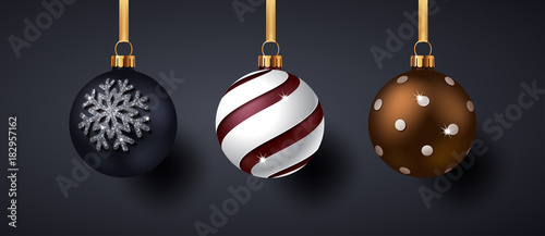 Christmas Balls with Shadows on dark background. Vector illustration