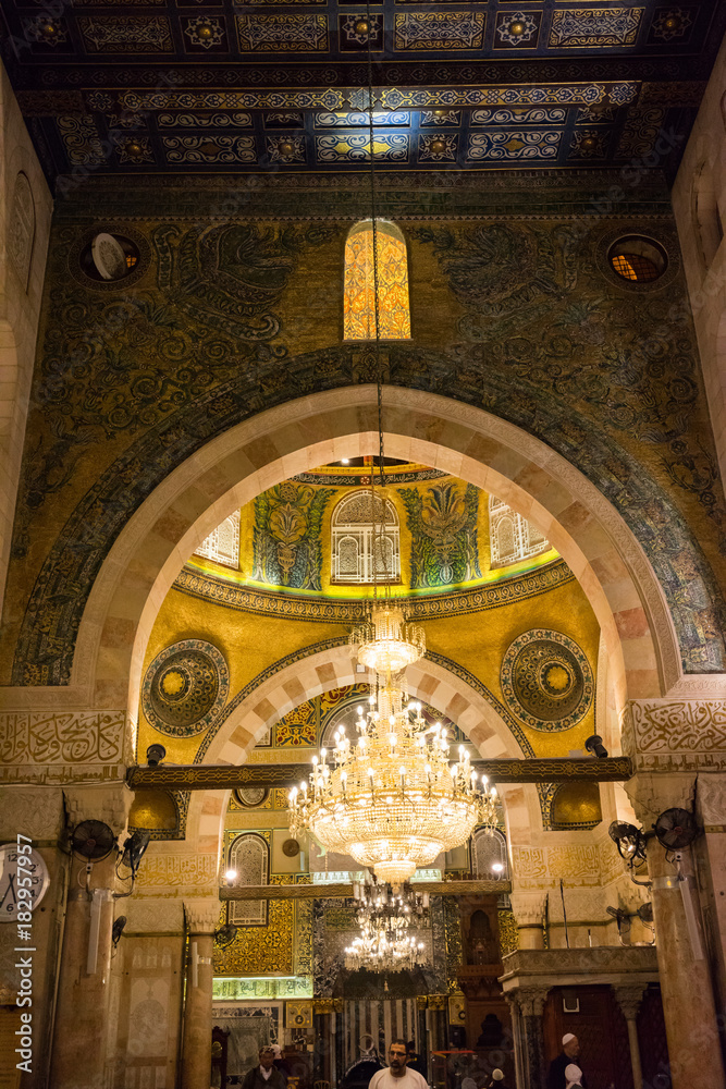 BAITULMUQADDIS, PALESTINE - 13TH NOV 2017; Internal view of Al-Aqsa Mosque, Jerusalem. Built in 691, where Prophet Mohamed ascended to heaven on an angel in his 