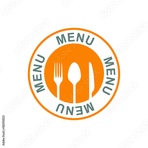 Logotipo MENU gris con cubiertos en circulo naranja en fondo blanco