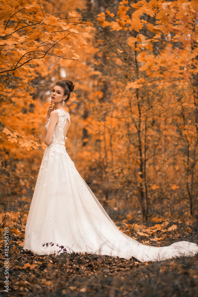 beautiful sensual young brunette bride in long white wedding dress and veil standing in forest