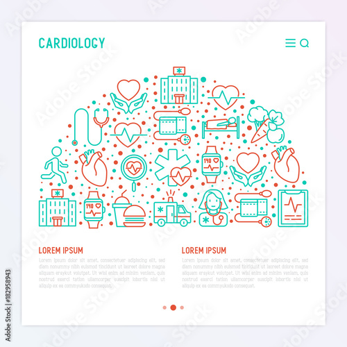 Cardiology concept in half circle with thin line icons set  cardiologist  stethoscope  hospital  pulsometer  cardiogram  heartbeat. Modern vector illustration for banner  web page  print media.