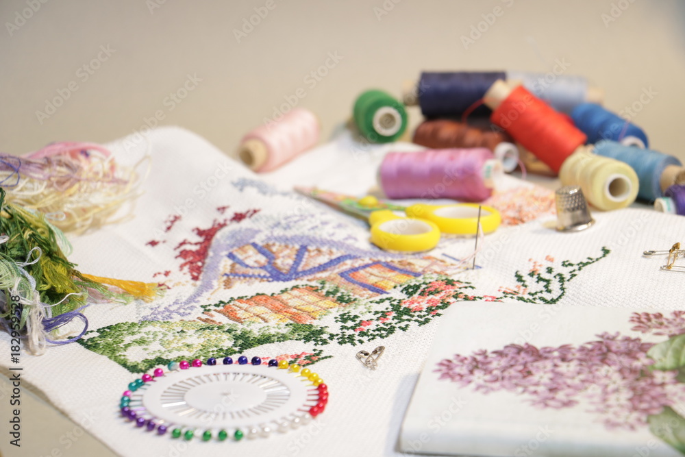 embroidered pattern and threads needle scissors embroidered pattern and threads needle scissors