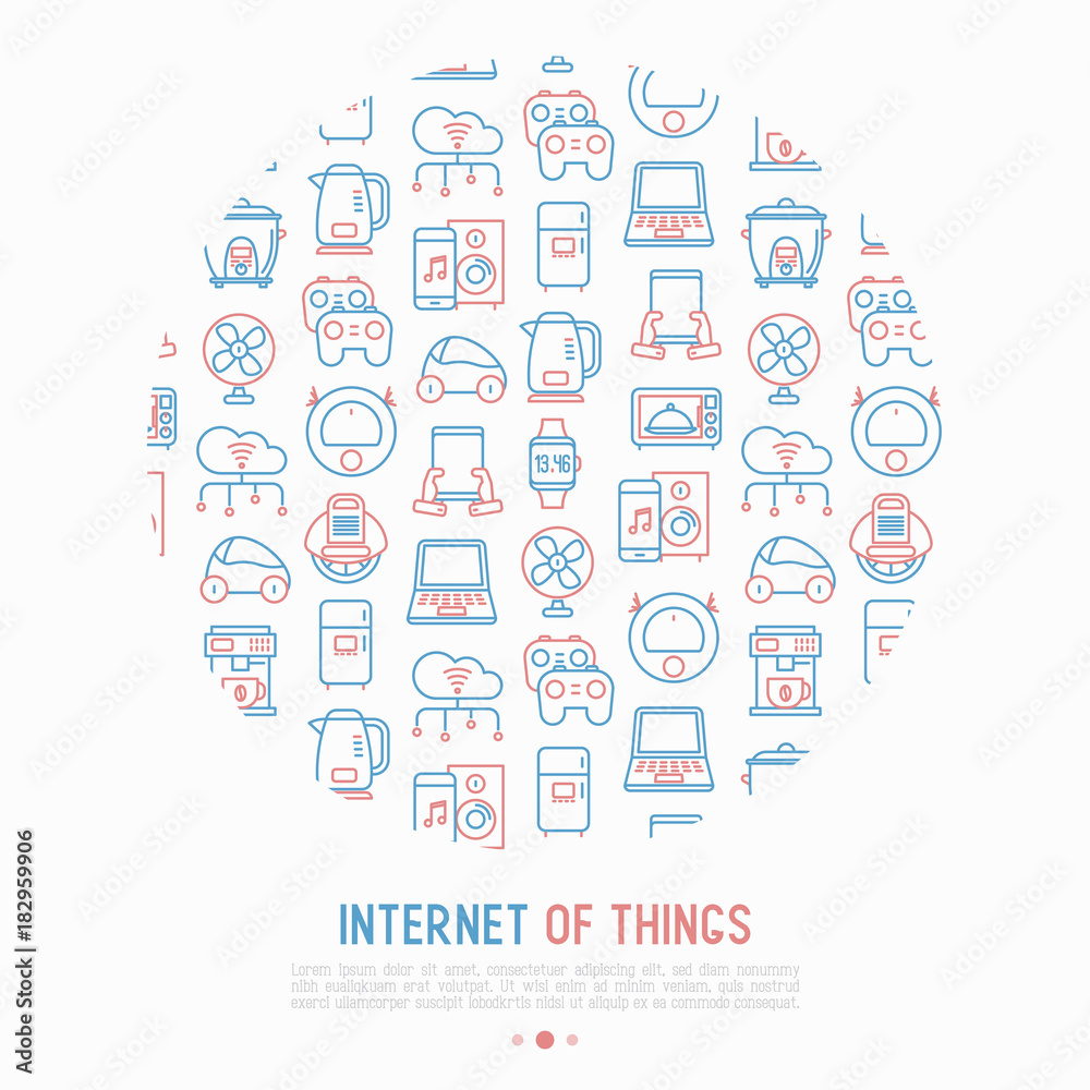 Internet of things concept in circle with thin line icons: laptop, smart watch, cloud computing technology, kettle, speaker, smart car, robot vacuum. Vector illustration for web page, print media.