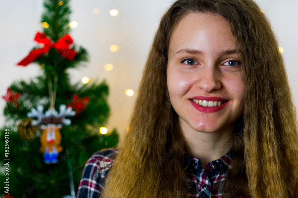 beautiful girl with christmas tree and toys white background beautiful girl with christmas tree and toys white background