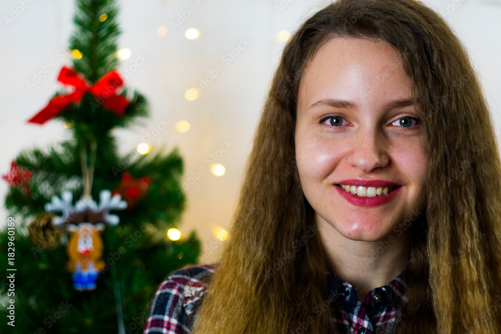 beautiful girl with christmas tree and toys white background beautiful girl with christmas tree and toys white background