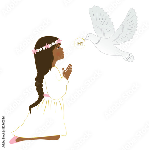 Cute long hair latino girl praying on First Holy Comunnion Day.