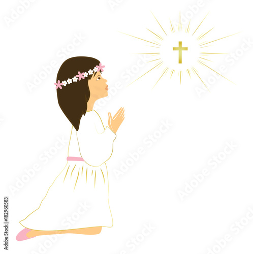 Holy Communion sacrament young short and brown girl praying.