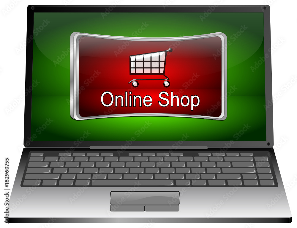 Laptop Computer with online Shop Button - 3D illustration Laptop Computer with online Shop Button - 3D illustration
