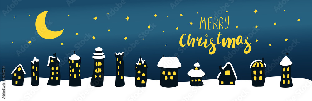 Fototapeta premium Hand drawn Christmas greeting card, banner with cute cartoon houses, covered with snow, at night, with brightly lit windows. Isolated objects. Vector illustration. Design concept kids, winter holidays