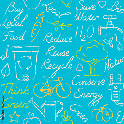 Seamless pattern with eco symbols in sketch style