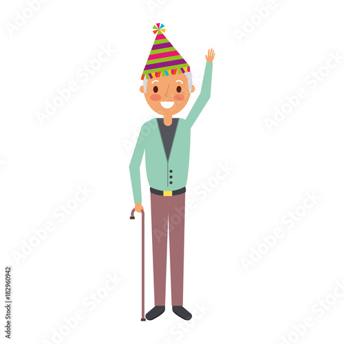 older man grandpa wearing birthday hat hand up vector illustration