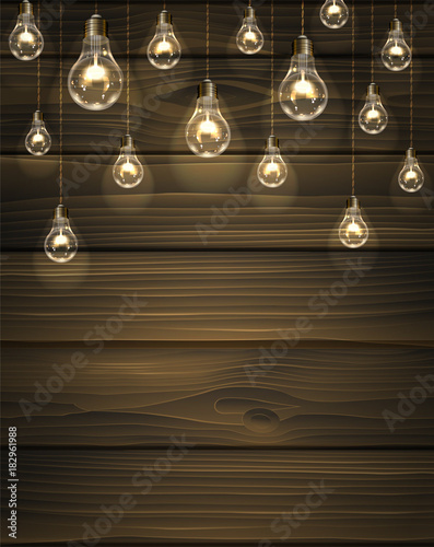 Brown vector wooden background with light bulbs. Edison's lamps hang on wires from the ceiling and illuminate the space for your text.