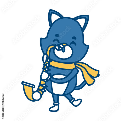 Cute cat playing saxophone cartoon icon vector illustration graphic design © Jemastock