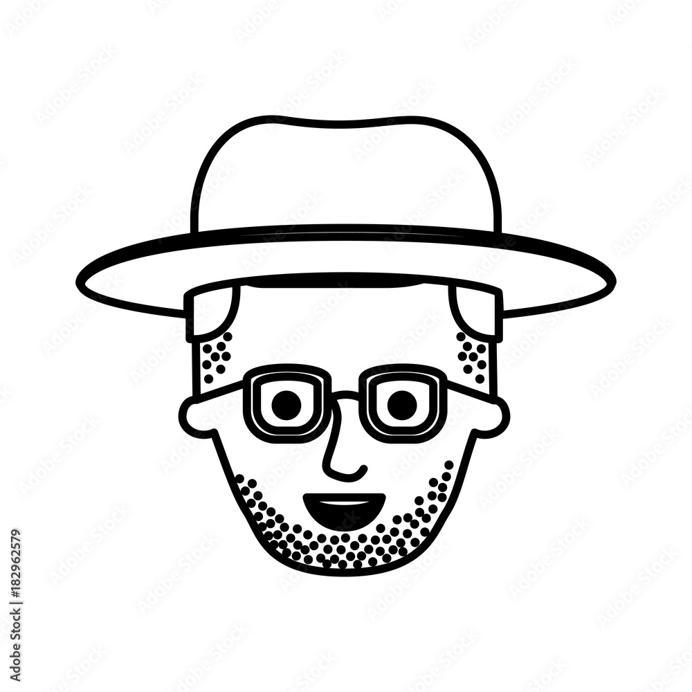 male face with hat and glasses and stubble beard and side parted hairstyle in monochrome silhouette vector illustration male face with hat and glasses and stubble beard and side parted hairstyle in monochrome silhouette vector illustration