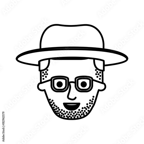 male face with hat and glasses and stubble beard and side parted hairstyle in monochrome silhouette vector illustration