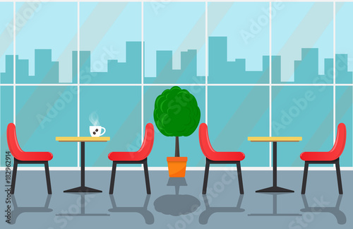 Cozy cafe interior with tables and chairs near large window, urban landscape outside the window. Cup off coffee on table. Vector illustration in flat style.