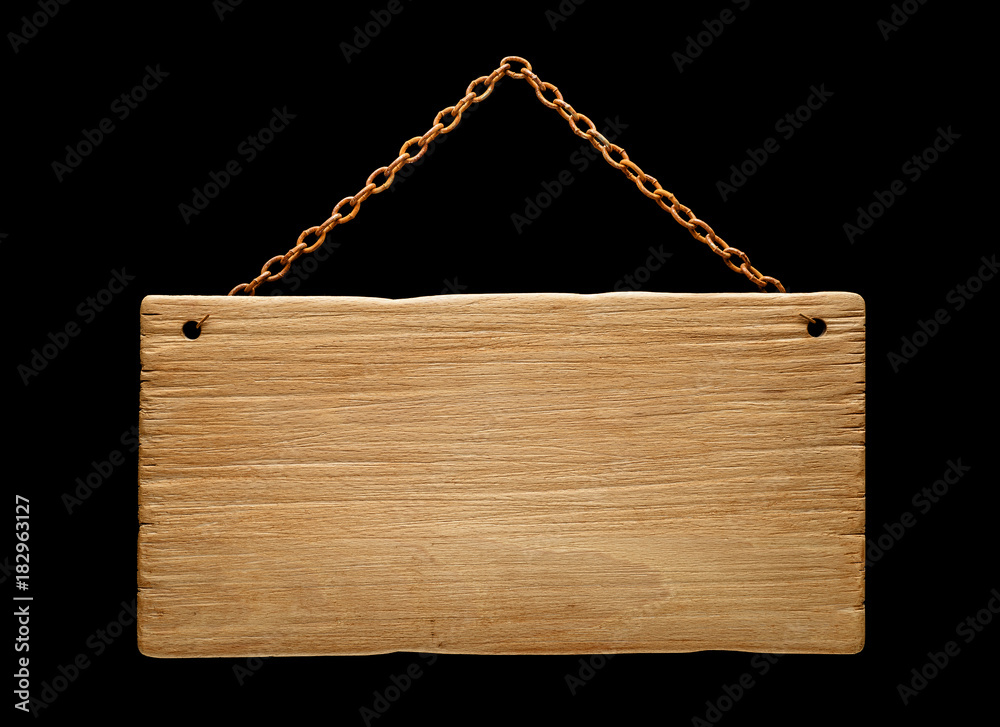 aged wood signboard hanging on black background aged wood signboard hanging on black background