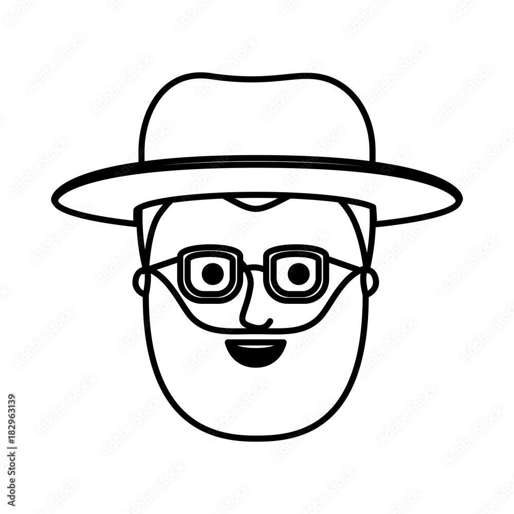 male face with hat and glasses and short hair and full beard in monochrome silhouette vector illustration