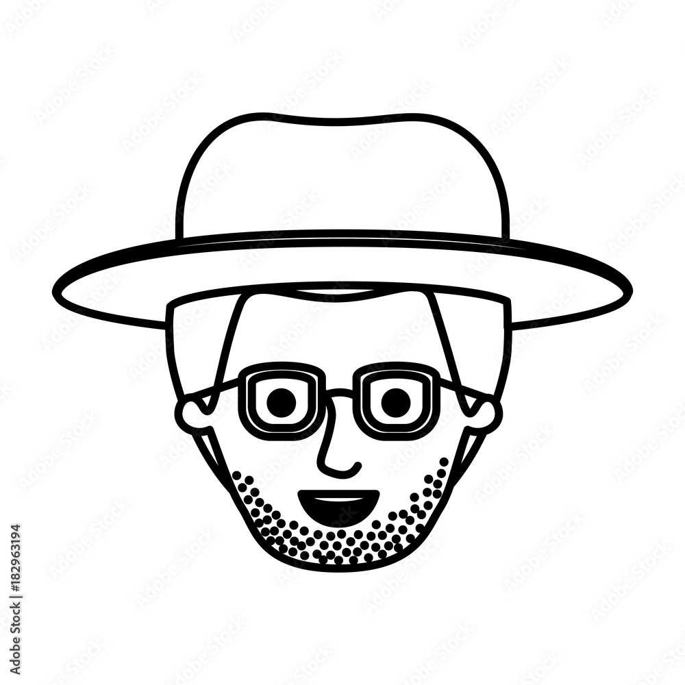 male face with hat and glasses and short hair and stubble beard in monochrome silhouette vector illustration