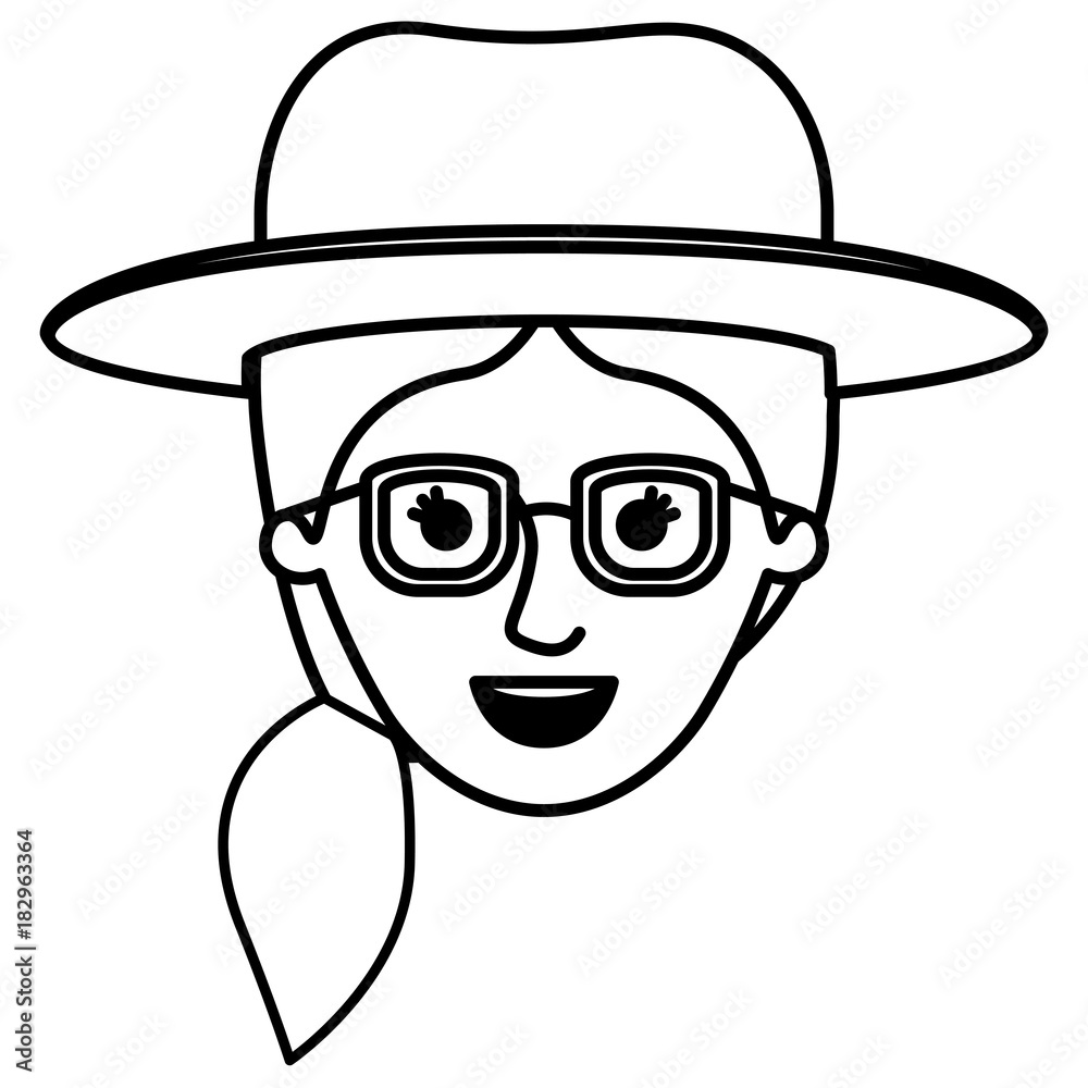 female face with hat and glasses and pigtail hair in monochrome silhouette vector illustration