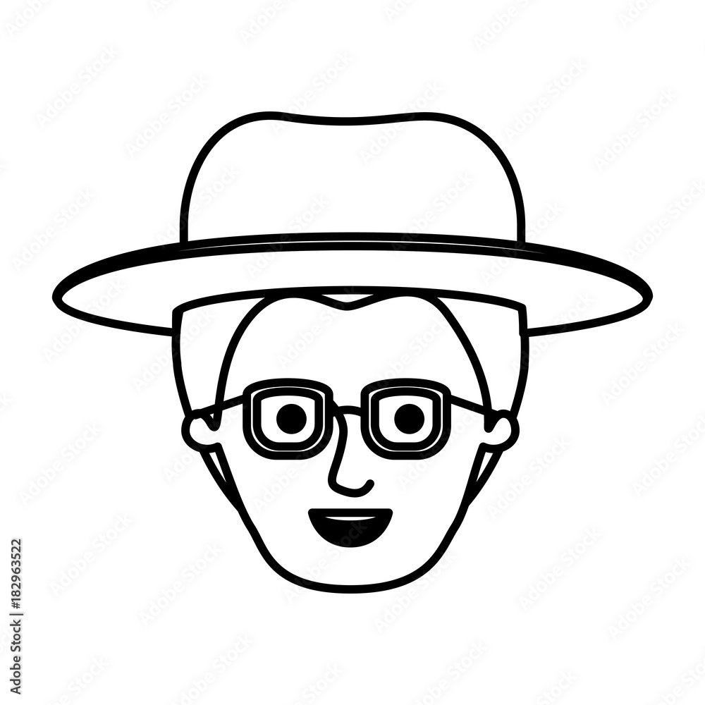 male face with hat and glasses with modern hairstyle in monochrome silhouette vector illustration