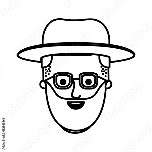 male face with hat and glasses and beard and side parted hairstyle in monochrome silhouette vector illustration