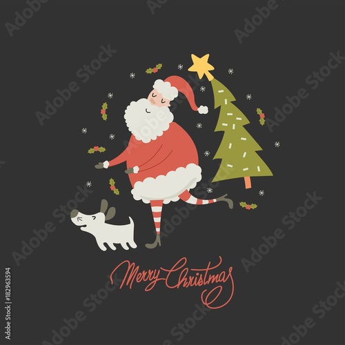 Cute Christmas card with cartoon Santa Claus, Christmas tree and dog. Happy holidays!
