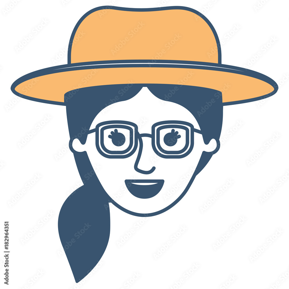 female face with hat and glasses and pigtail hair in color sections silhouette vector illustration