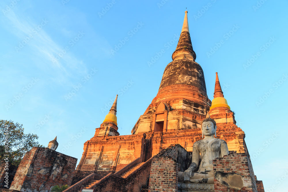 Fototapeta premium The Big pagoda in ancient ruin in Ayuttaya with sunligth in the morning.