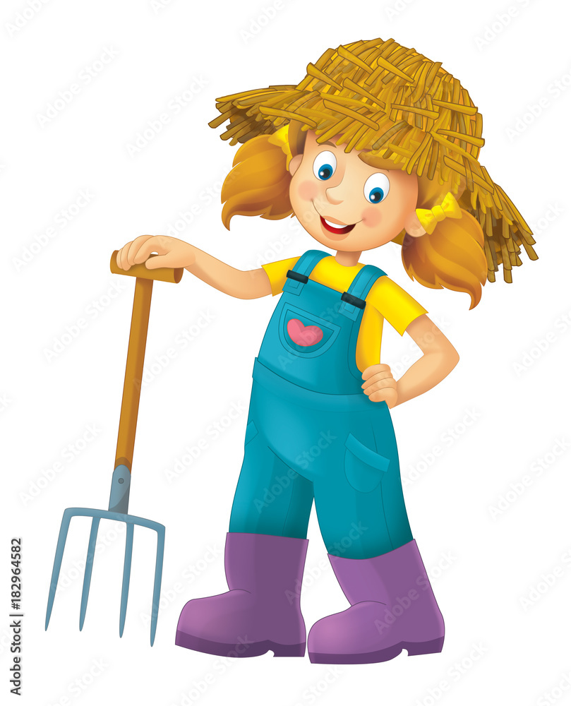 Cartoon farm girl with farming tool - illustration for children