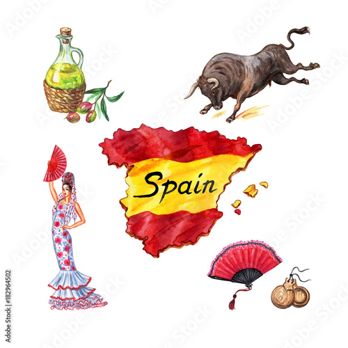 Spain and its symbols  watercolor set on a white background with clipping path. Map of spain  flag  dancer  bull  fan  castanets  olive oil  hand drawing.