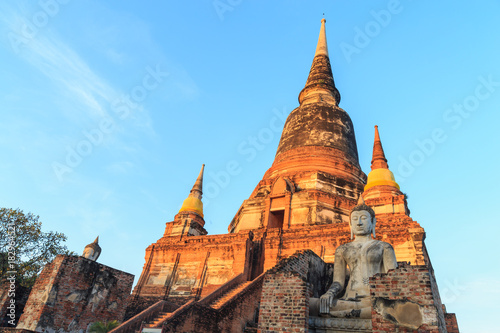 The Big pagoda in ancient ruin in Ayuttaya with sunligth in the morning.