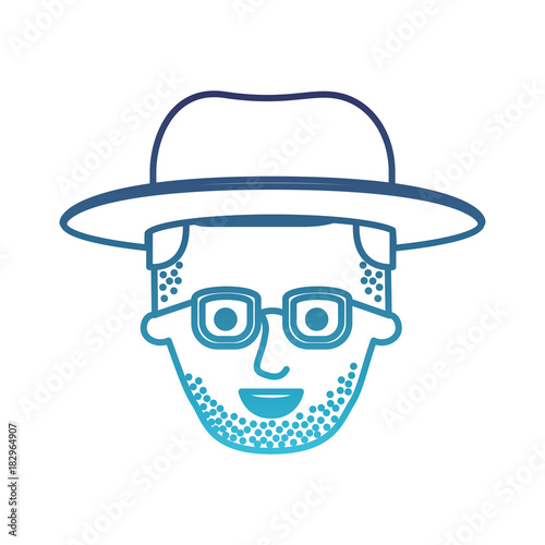 male face with hat and glasses and stubble beard and side parted hairstyle in degraded blue silhouette vector illustration