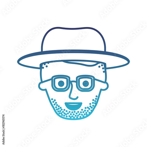 male face with hat and glasses and high fade haircut and stubble beard in degraded blue silhouette vector illustration