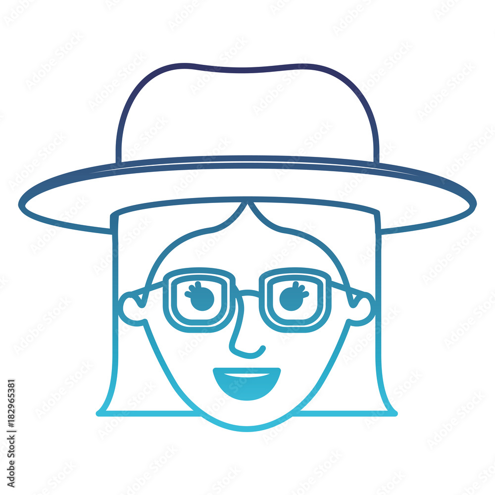 female face with hat and glasses with short straight hairstyle in degraded blue silhouette vector illustration female face with hat and glasses with short straight hairstyle in degraded blue silhouette vector illustration