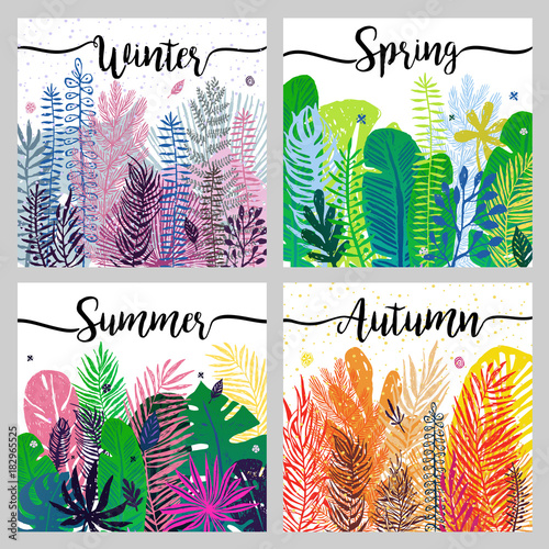set of seasons background wiht trendy colorful leaves. Vector botanical illus...