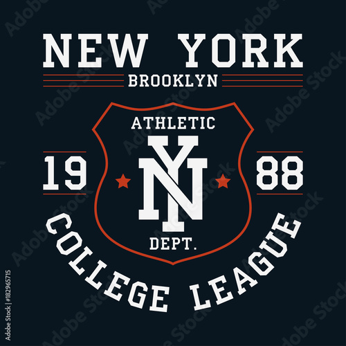 New York, Brooklyn graphic for t-shirt. Original clothes design with shield. Apparel typography. Sportswear print. Vector illustration.