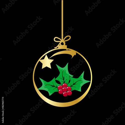 Flat Christmas Ball with Bow and  Mistletoe. Vector Gold Bauble with green and red Holly Berry decorative xmas ornament. Illustration isolated on black background. Silhouette Icon Symbol Design.