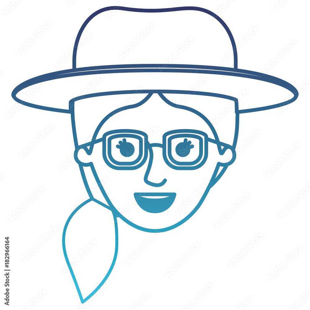 female face with hat and glasses and pigtail hair in degraded blue silhouette vector illustration female face with hat and glasses and pigtail hair in degraded blue silhouette vector illustration