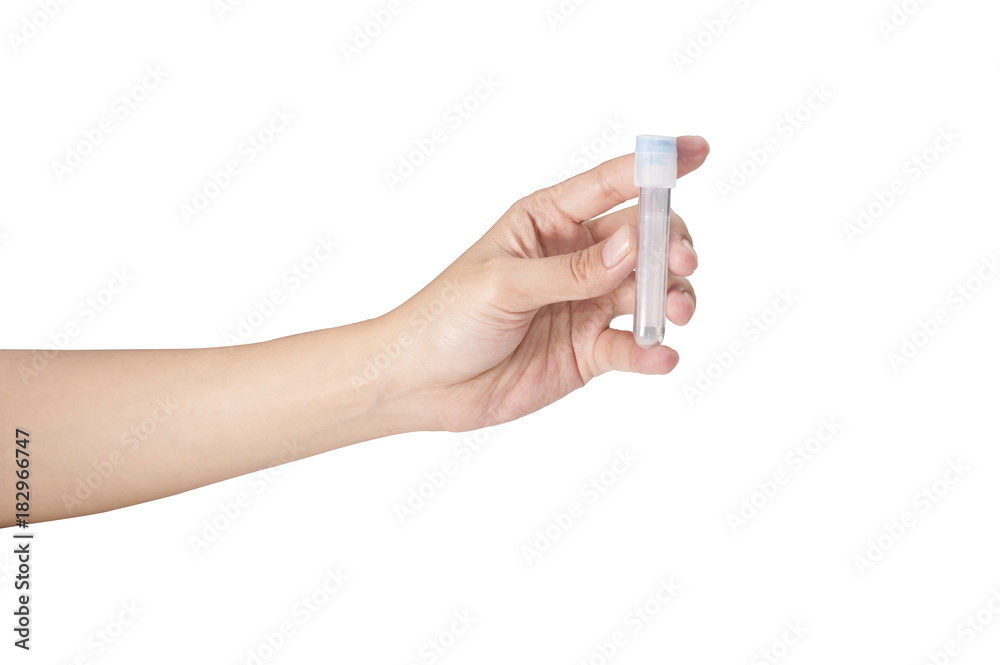 Woman's hand holding sample tube isolated over white background. Woman's hand holding sample tube isolated over white background.